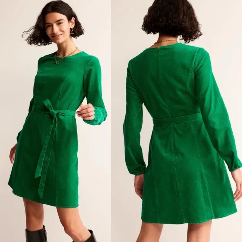 Boden Kelly Green Long Sleeve Tie-Waist A-Line Dress Corduroy
